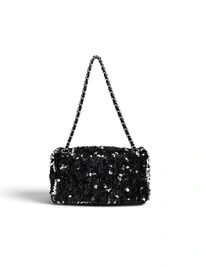 Bolsa Chanel Flap em Paetê Prata com Preto