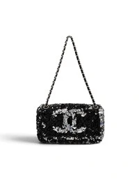 Bolsa Chanel Flap em Paetê Prata com Preto