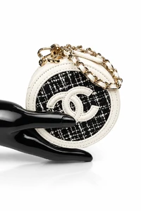 Chanel Tweed Quilted Round Filigree Pouch With Chain White Black