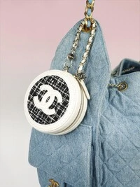Chanel Tweed Quilted Round Filigree Pouch With Chain White Black