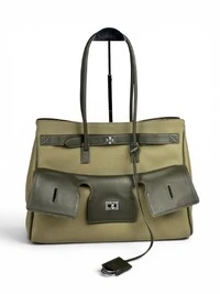 Bolsa Balenciaga Bel Air Carry All Média Canvas & Couro Cáqui e Verde
