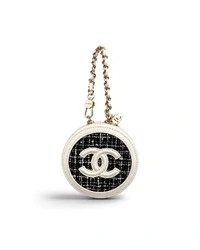 Chanel Tweed Quilted Round Filigree Pouch With Chain White Black