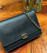 Bolsa Chanel, Chain Wallet, Couro Caviar, Preta