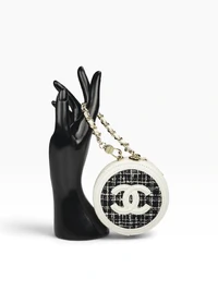 Chanel Tweed Quilted Round Filigree Pouch With Chain White Black