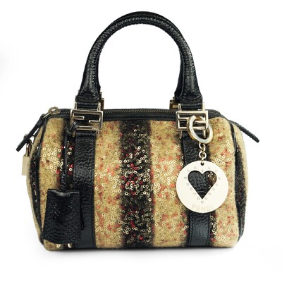Foto Bolsa Fendi Zucchino Mini Boston Couro e Tecido Sequin (Bordado), Bege e Preto