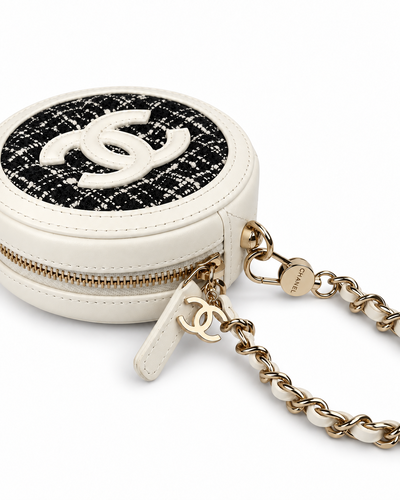 Foto Chanel Tweed Quilted Round Filigree Pouch With Chain White Black