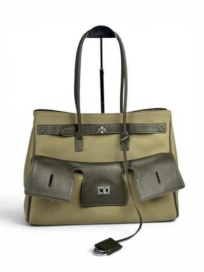 Foto Bolsa Balenciaga Bel Air Carry All Média Canvas & Couro Cáqui e Verde