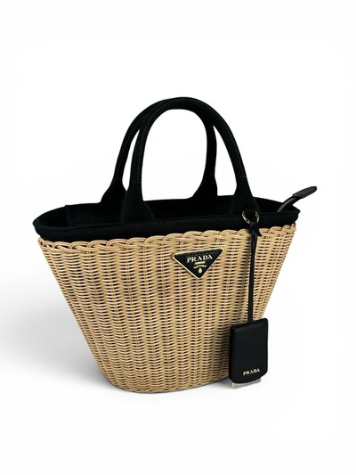 FotoBolsa Prada Midollino Canapa Basket Tote Preta