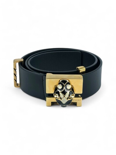 Foto Cinto Gucci Black Panther Buckle – Couro Preto & Metal Dourado