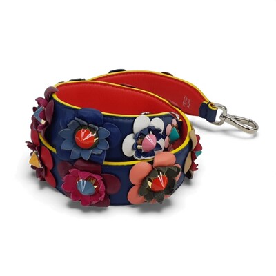 Foto Alça De Bolsa Fendi Azul Marinho com Flores Multicolor