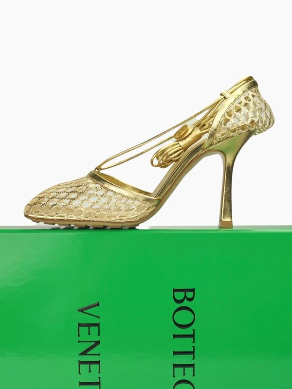 Bottega Veneta Mesh Lace-Up Sandal Dourada