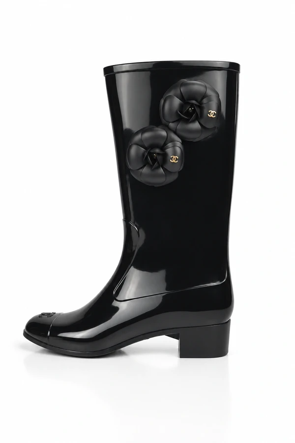 Bota Chanel CC Camélia Rubber Boots Preta