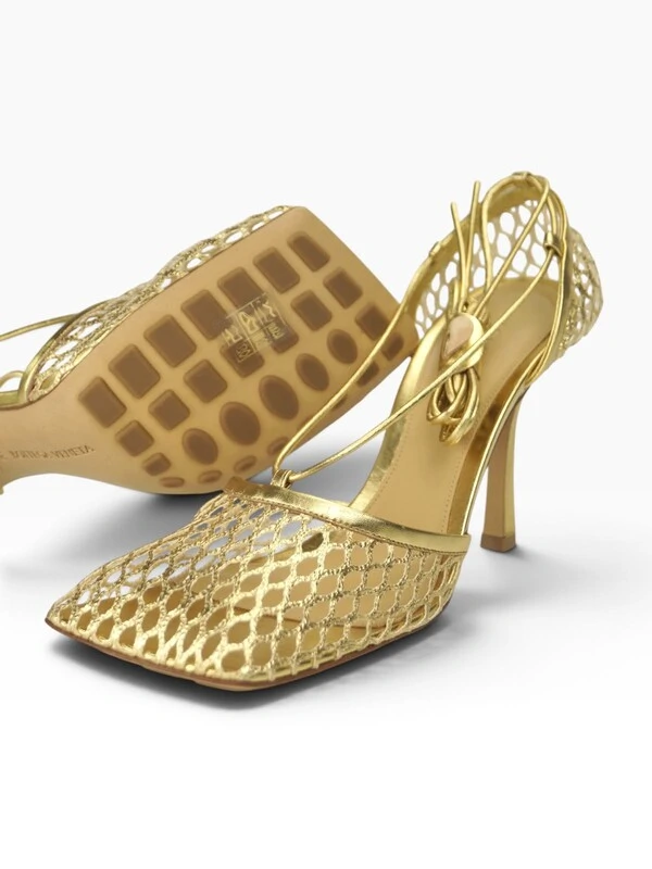 Bottega Veneta Mesh Lace-Up Sandal Dourada