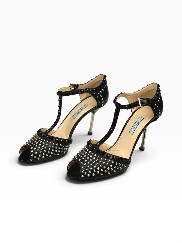 Sandália Prada Peep Toe Studded T-Strap