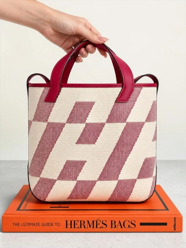 Bolsa Hermès Cabas Tote em Canvas Rosa e Off-White