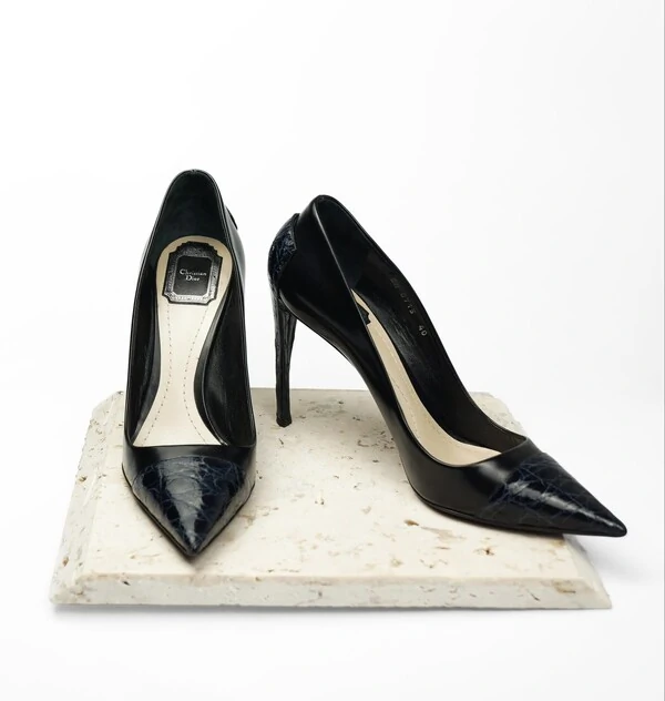 Sapato Christian Dior em Couro e Croco Preto e Azul