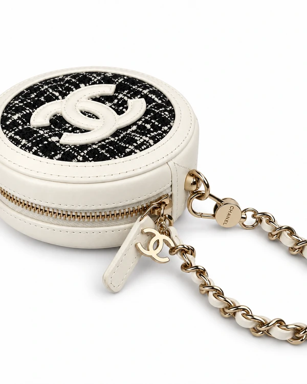 Chanel Tweed Quilted Round Filigree Pouch With Chain White Black
