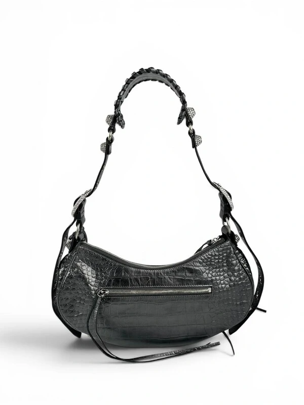Bolsa Balenciaga Le Cagole Small Croco Embossed with Crystals Cinza Metalizada
