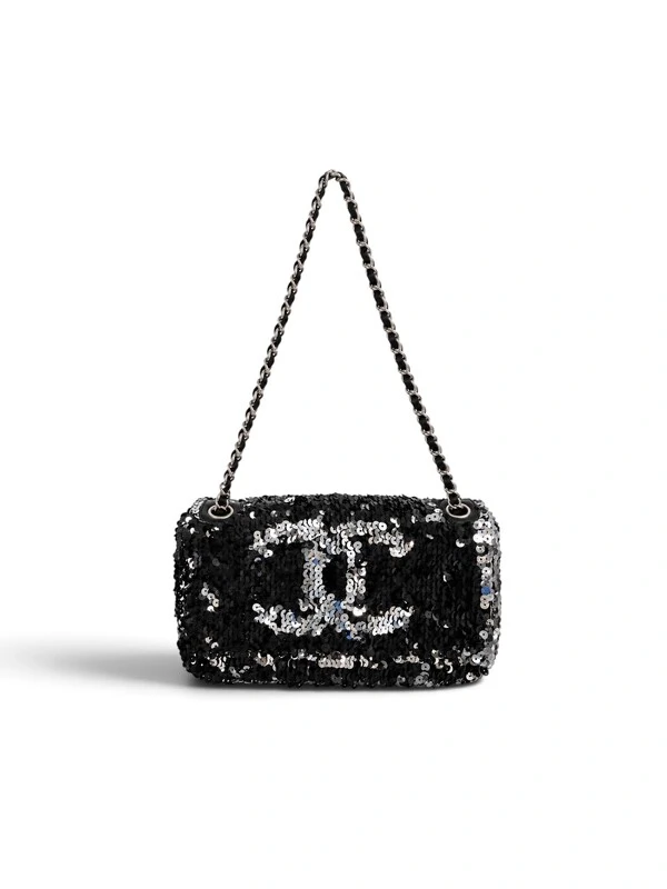 Bolsa Chanel Flap em Paetê Prata com Preto