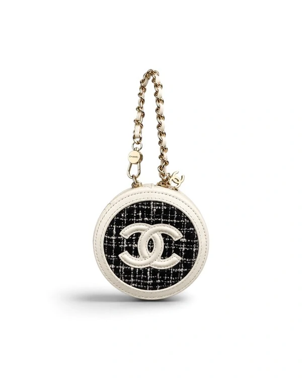 Chanel Tweed Quilted Round Filigree Pouch With Chain White Black