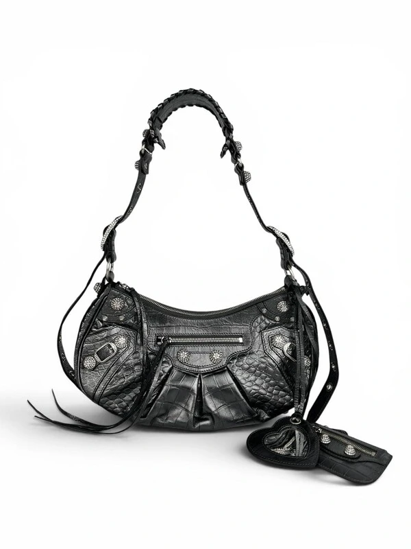 Bolsa Balenciaga Le Cagole Small Croco Embossed with Crystals Cinza Metalizada