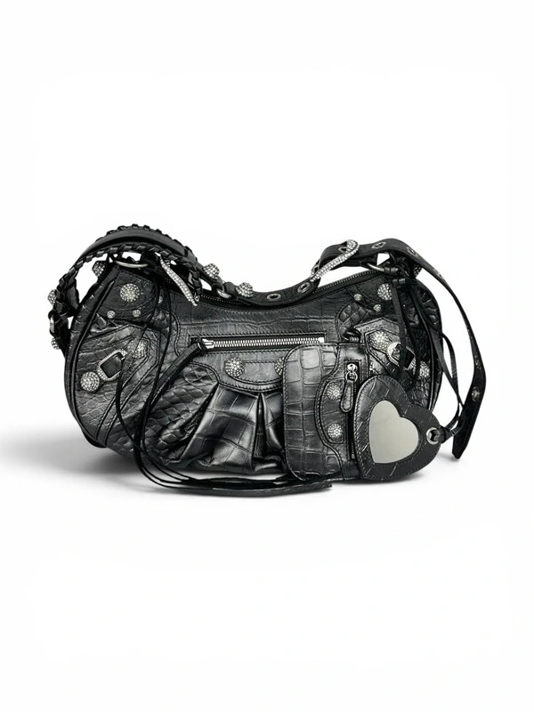 Bolsa Balenciaga Le Cagole Small Croco Embossed with Crystals Cinza Metalizada