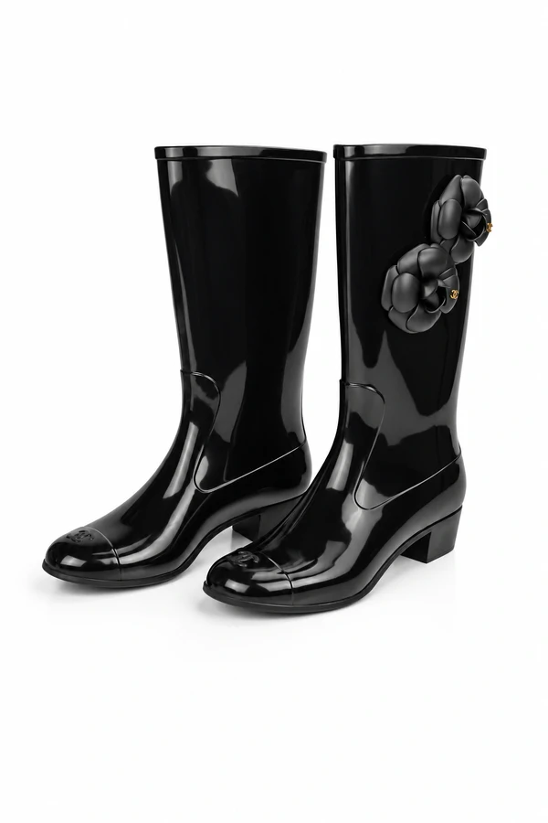 Bota Chanel CC Camélia Rubber Boots Preta
