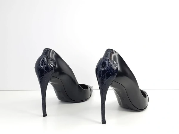 Sapato Christian Dior em Couro e Croco Preto e Azul