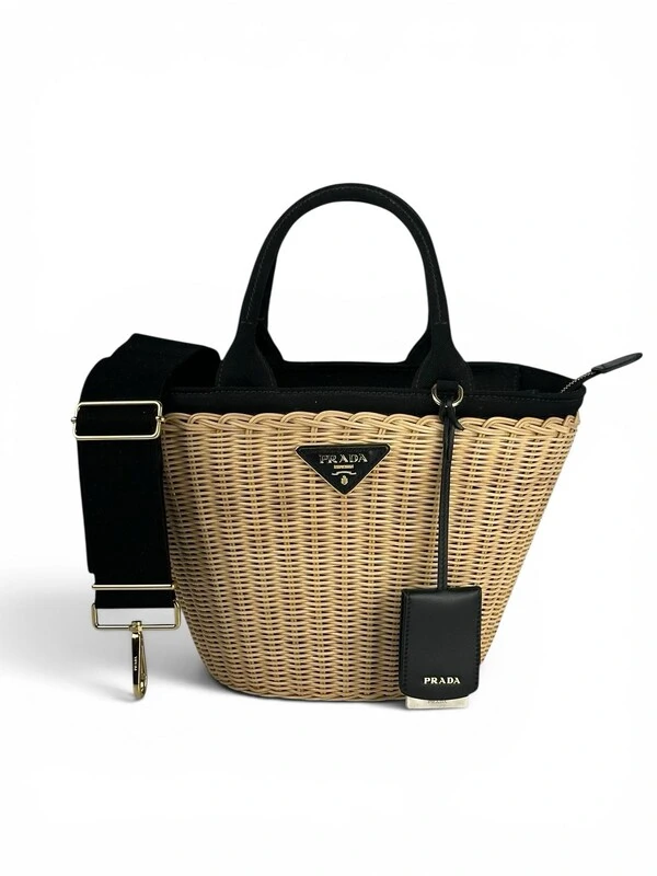 Bolsa Prada Midollino Canapa Basket Tote Preta