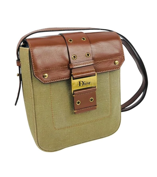 Bolsa Dior Crossbody Vintage Canvas Couro Bege e Caramelo