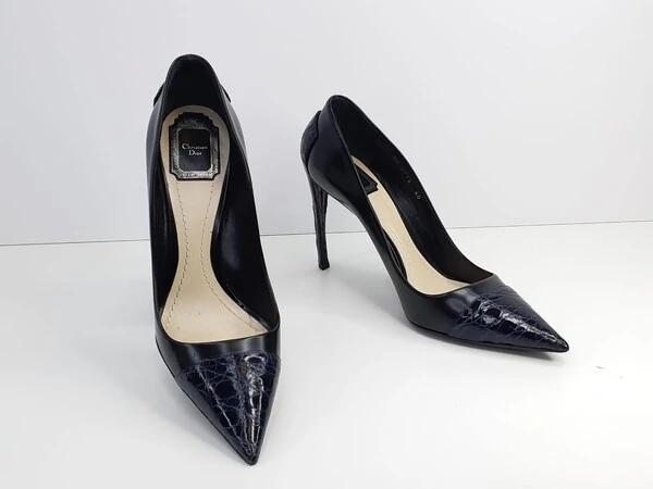 Sapato Christian Dior em Couro e Croco Preto e Azul
