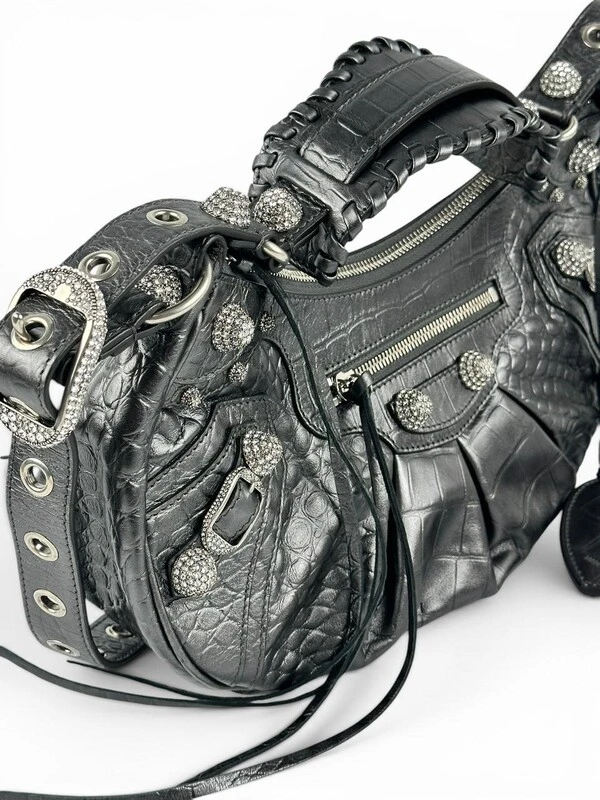 Bolsa Balenciaga Le Cagole Small Croco Embossed with Crystals Cinza Metalizada