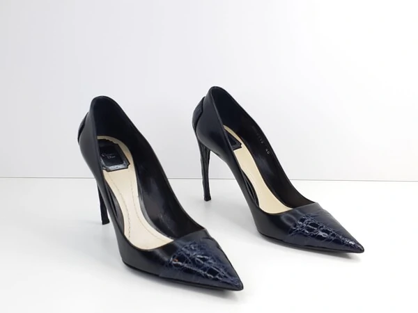 Sapato Christian Dior em Couro e Croco Preto e Azul