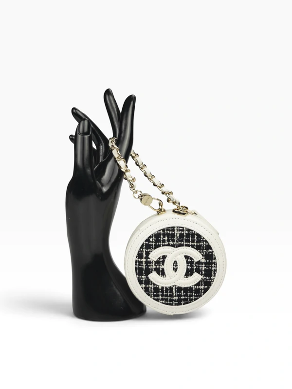 Chanel Tweed Quilted Round Filigree Pouch With Chain White Black