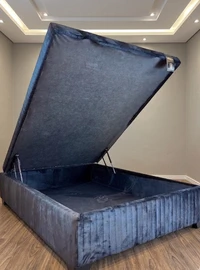 Baú Premium 138X188 Casal - Veludo Bordado Preto
