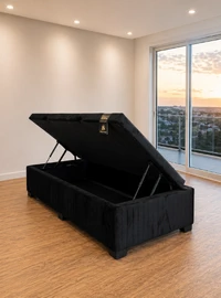 Baú Premium 088X188 Solteiro - Veludo Bordado Preto