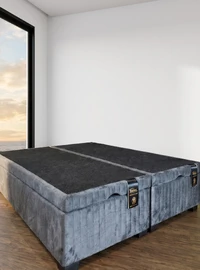 Baú Premium 138X188 Casal Bipartido Veludo Bordado Cinza