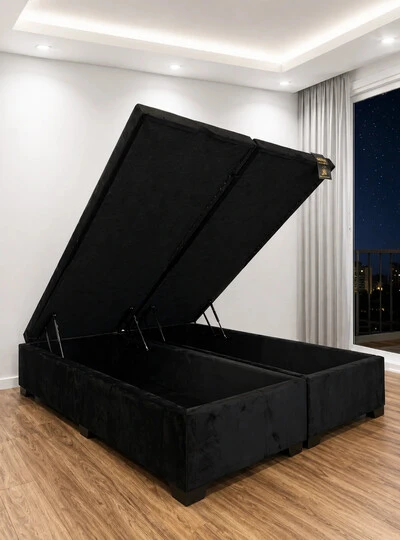 Foto Baú Blindado 158X198 Queen - Veludo Liso Preto