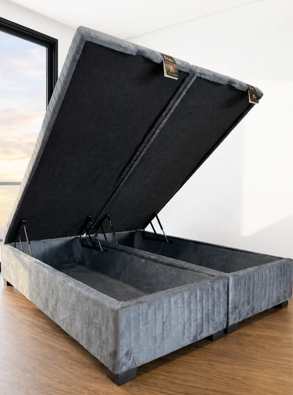 Baú Premium 138X188 Casal Bipartido Veludo Bordado Cinza