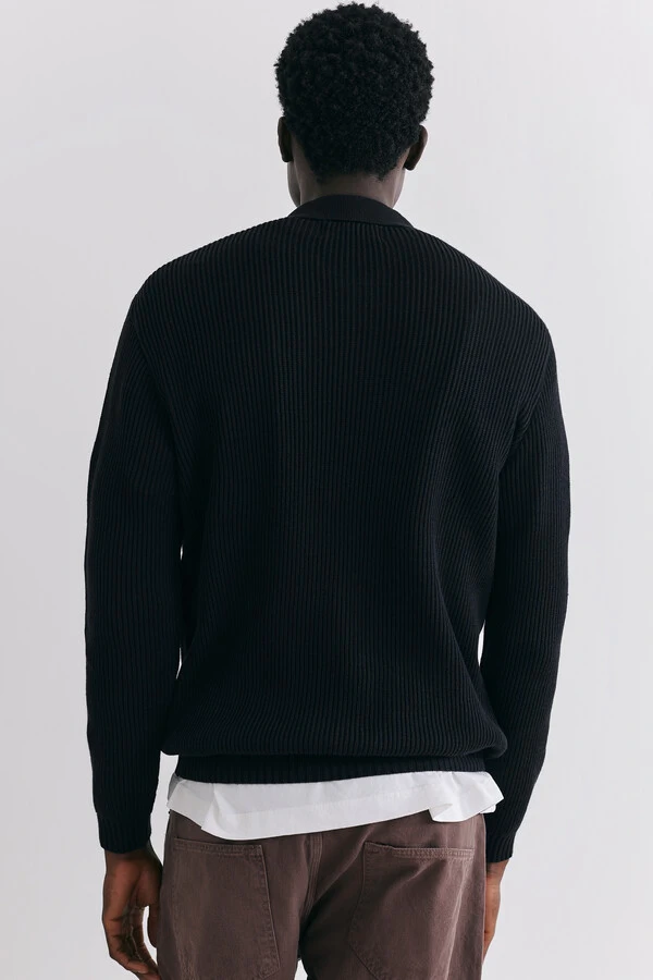 Polo Tricot Manga Longa Waffle Black