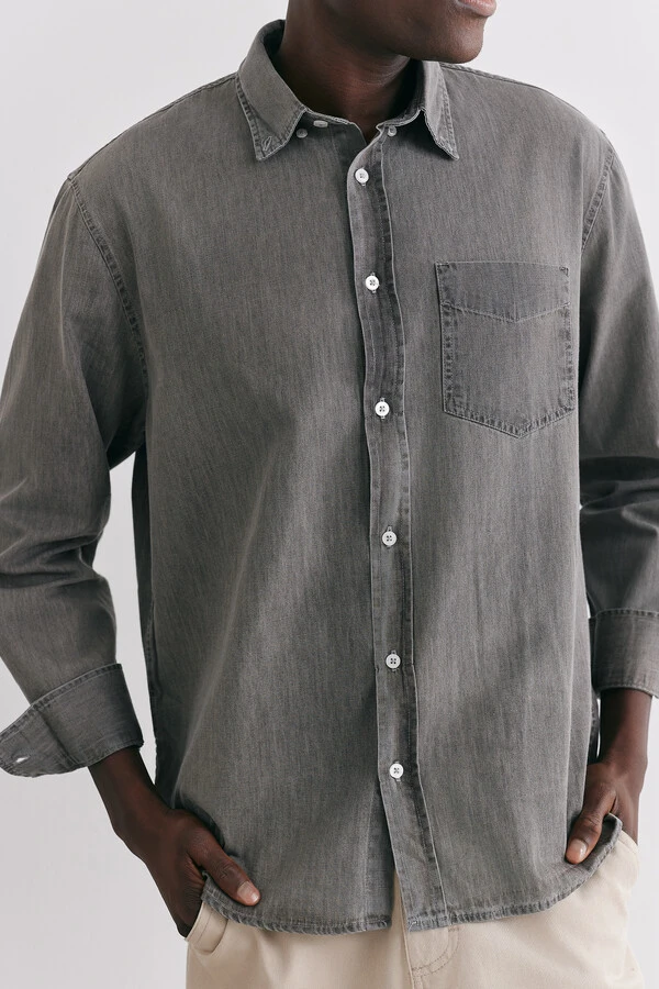Camisa Manga Longa Oxford Washed Charcoal