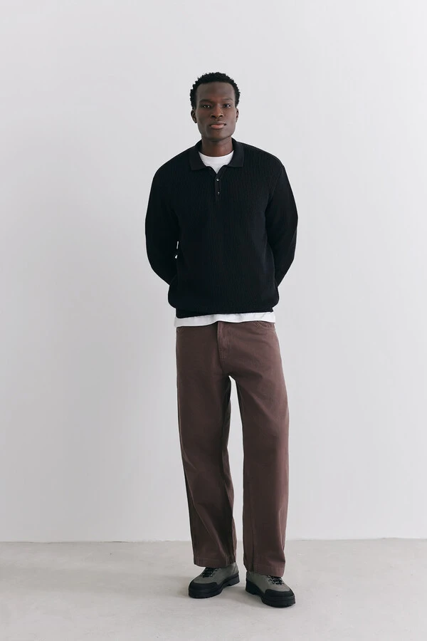 Polo Tricot Manga Longa Waffle Black