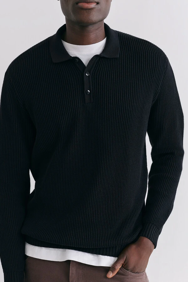 Polo Tricot Manga Longa Waffle Black