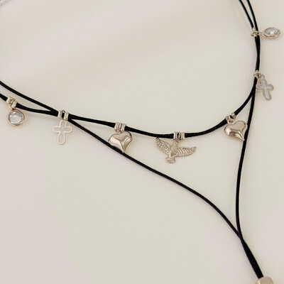Foto Choker Violeta Gravata Fio Coreano com Ponto de Luz, Cruz, Coração e Pomba da Paz
