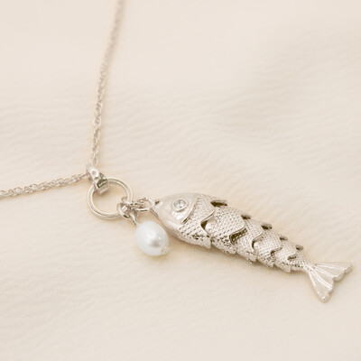 FotoColar Parral Longo Corrente Elo Triplo Pingente Peixe Escamado e Pérola