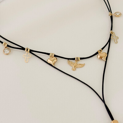 Foto Choker Violeta Gravata Fio Coreano com Ponto de Luz, Cruz, Coração e Pomba da Paz