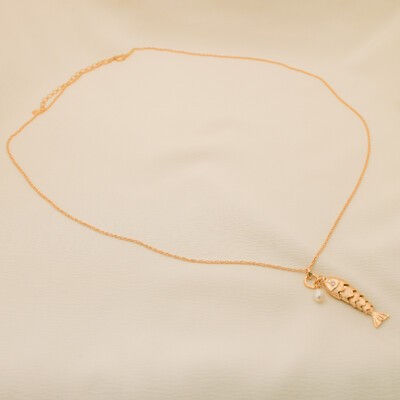 Foto Colar Parral Longo Corrente Elo Triplo Pingente Peixe Escamado e Pérola