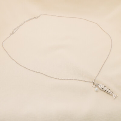 Foto Colar Parral Longo Corrente Elo Triplo Pingente Peixe Escamado e Pérola