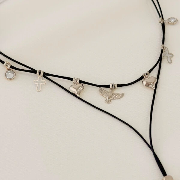 Choker Violeta Gravata Fio Coreano com Ponto de Luz, Cruz, Coração e Pomba da Paz
