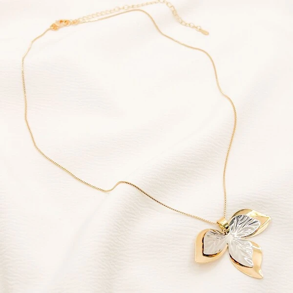 Colar Quito Corrente Veneziana com Pingente Flor Dupla